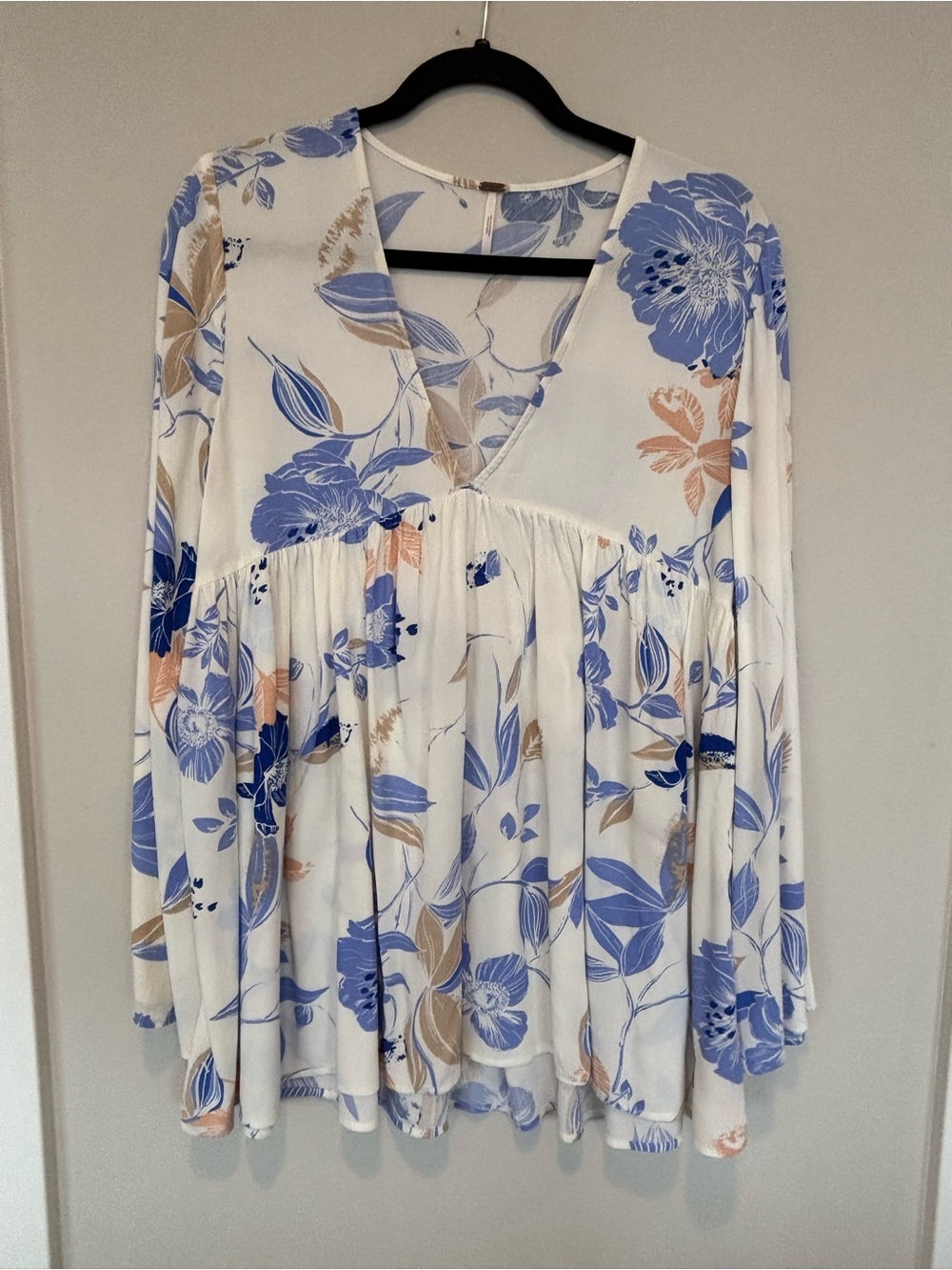 Free People Floral V-Neck Tunic - Blue, Beige on Cream